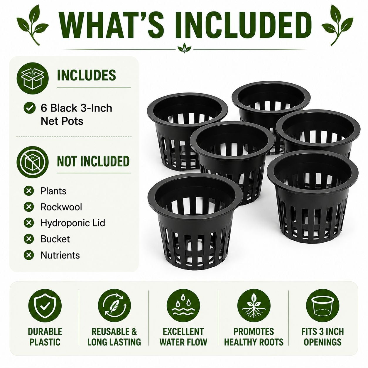 6 Pack 3 Inch Net Pots - Hydroponic Net Cups, Mesh Plant Pots, DWC Growing Baskets