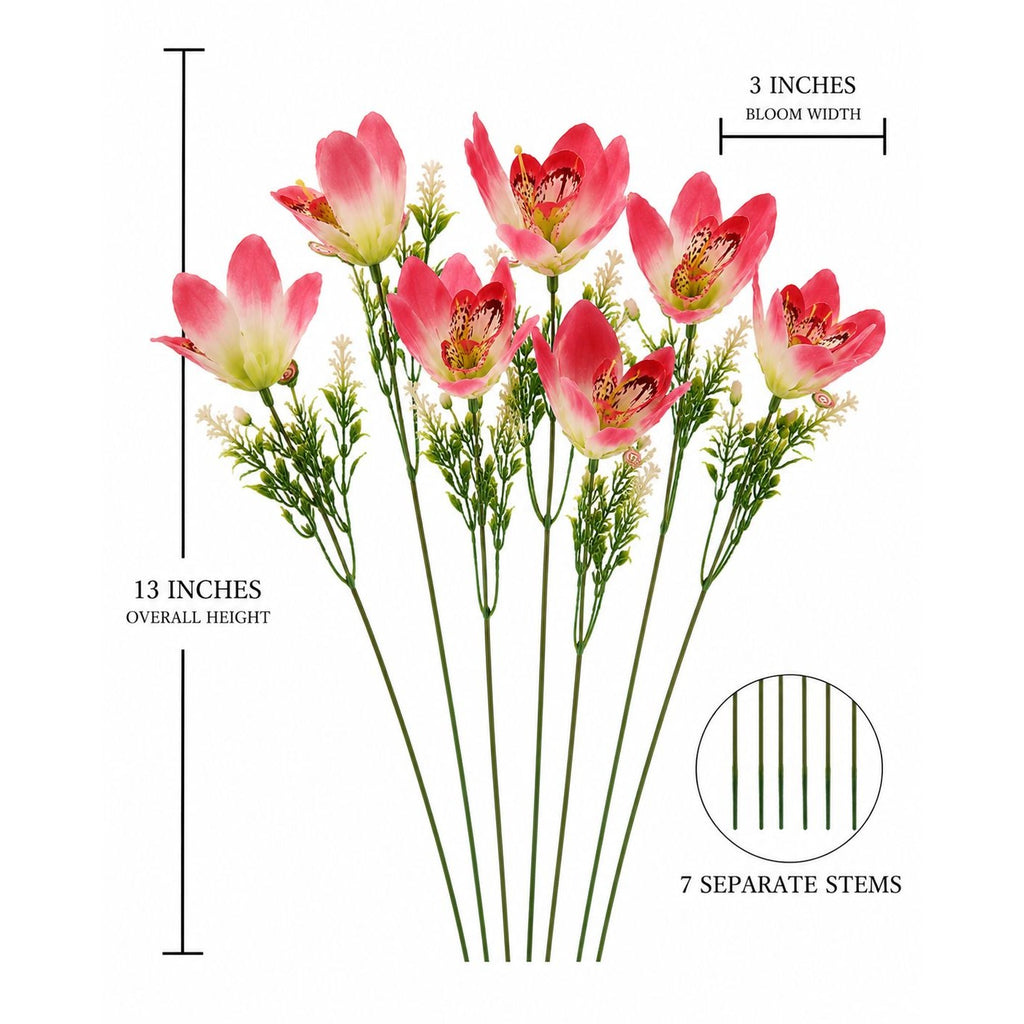 Pink artificial flowers with green stems and leaves, shown with measurement labels indicating 13 inches overall height, 3 inches bloom width, and a note that there are 7 separate stems.