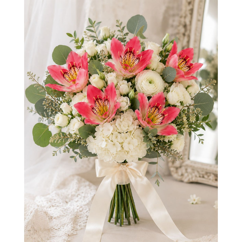 A bridal bouquet featuring vibrant pink orchids, white hydrangeas, white roses, and green eucalyptus leaves, tied with a cream satin ribbon and bow.