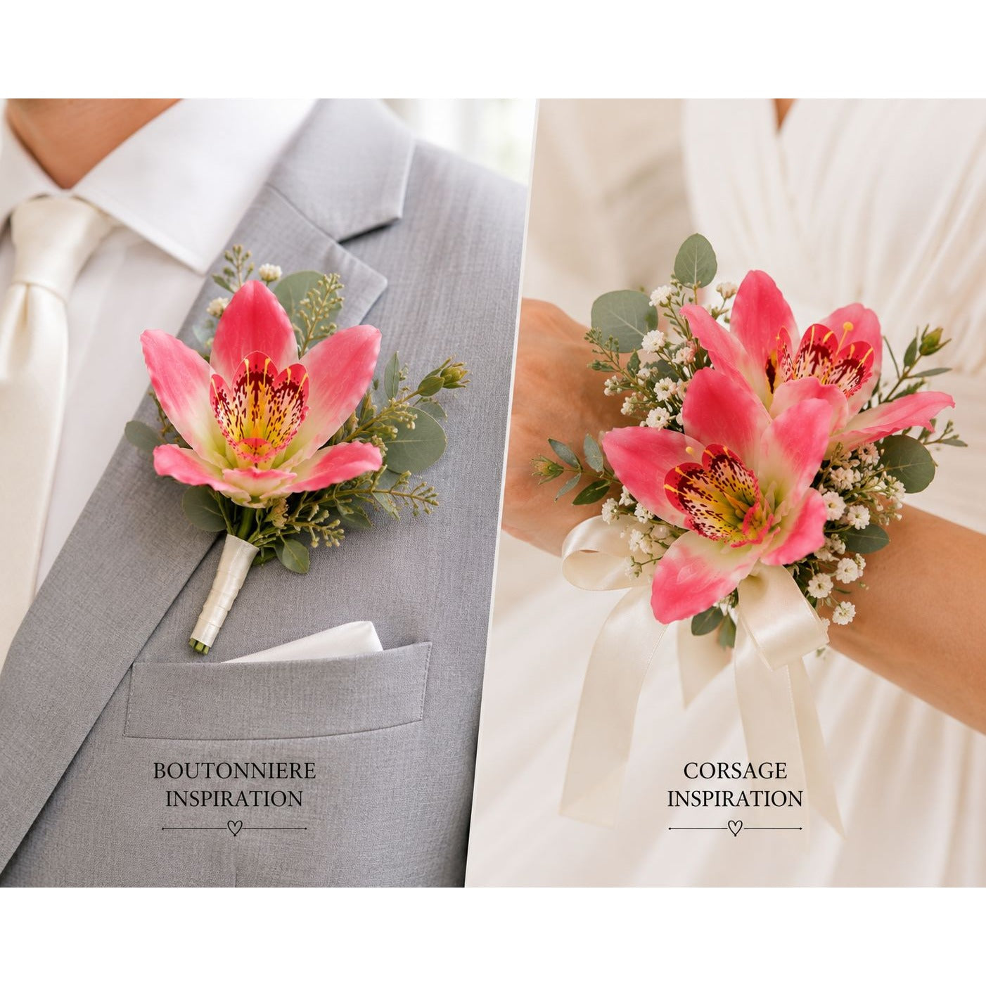 A split comparison showing a pink lily boutonniere pinned to a man's gray suit jacket on the left, and a matching pink lily corsage worn on a woman's wrist in a white dress on the right. Both arrangements feature green foliage, white baby's breath, and a white satin ribbon.