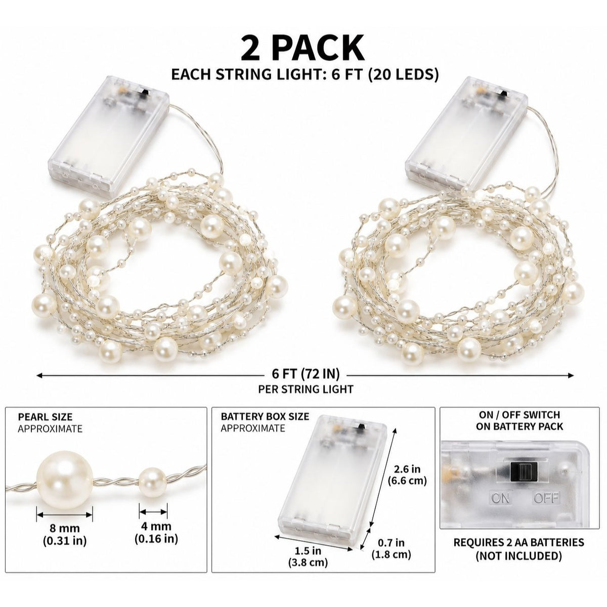 2 Pack Pearl LED String Lights 6 Ft 20 LED Warm White Battery Wedding Decor