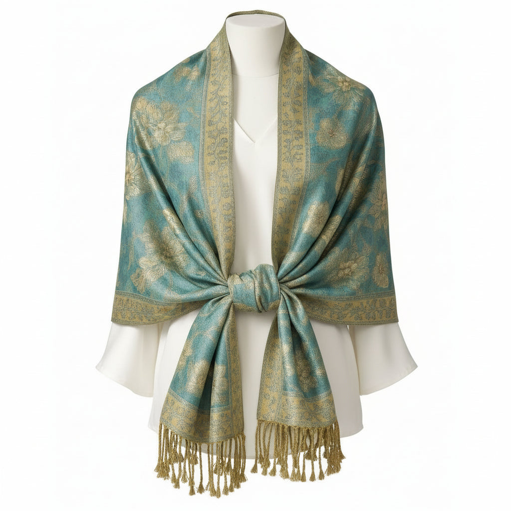 Teal Gold Paisley Jacquard Scarf Shawl Fringe Boho Wrap Women 72x28