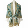 Teal Gold Paisley Jacquard Scarf Shawl Fringe Boho Wrap Women 72x28