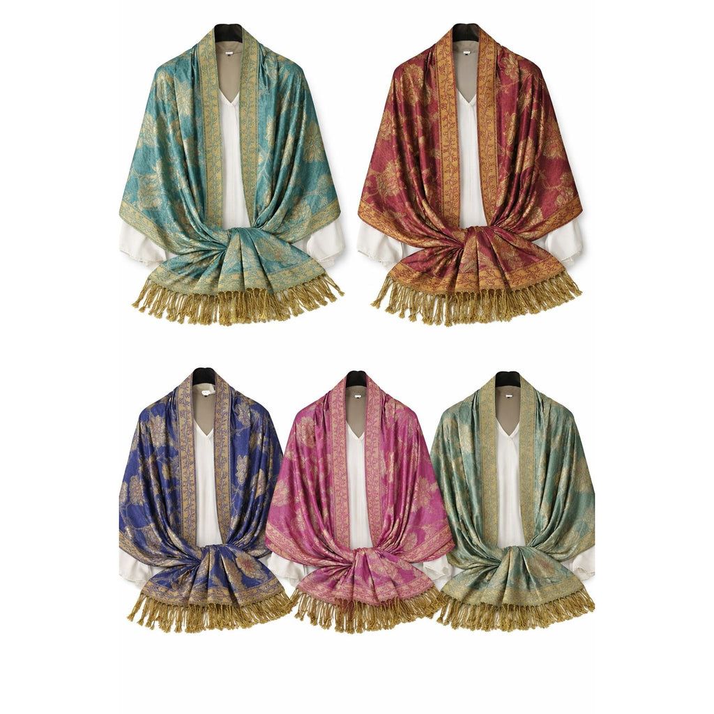 Teal Gold Paisley Jacquard Scarf Shawl Fringe Boho Wrap Women 72x28