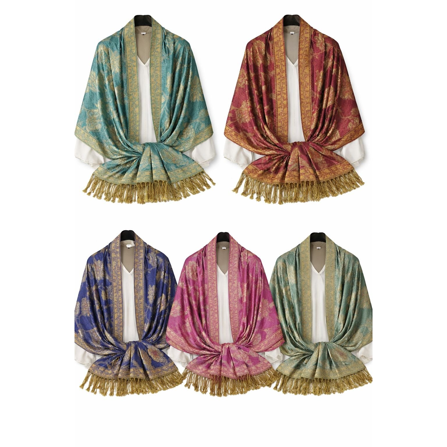 Teal Gold Paisley Jacquard Scarf Shawl Fringe Boho Wrap Women 72x28