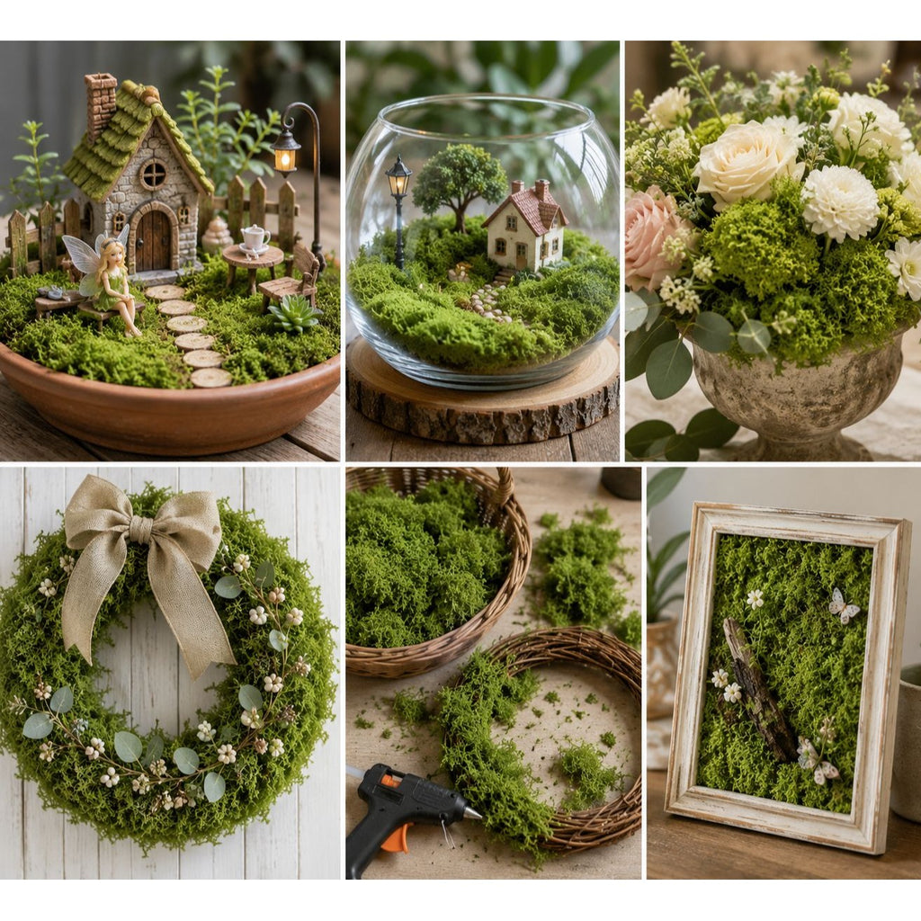 Collage of various nature-themed decorative items including a fairy house, terrarium, and wreaths.
