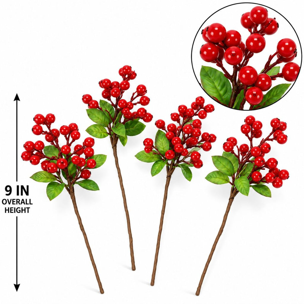 Artificial Red Berry Cluster Stems Set of 4, 9 Inch Faux Christmas Picks