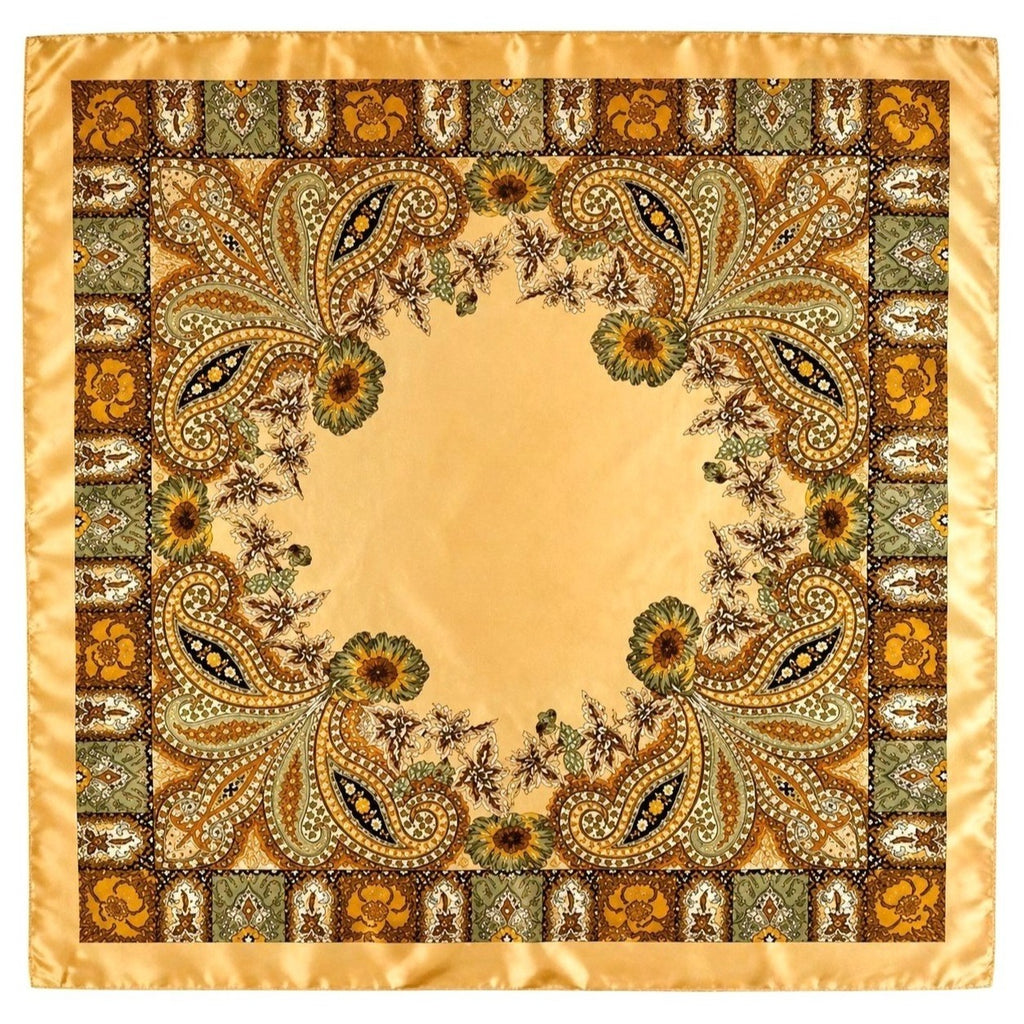 Luxury Paisley Floral Satin Scarf for Women – 35” Square Golden Honey Gold Sage Green Polyester Satin Scarf, Elegant Boho Designer-Inspired 