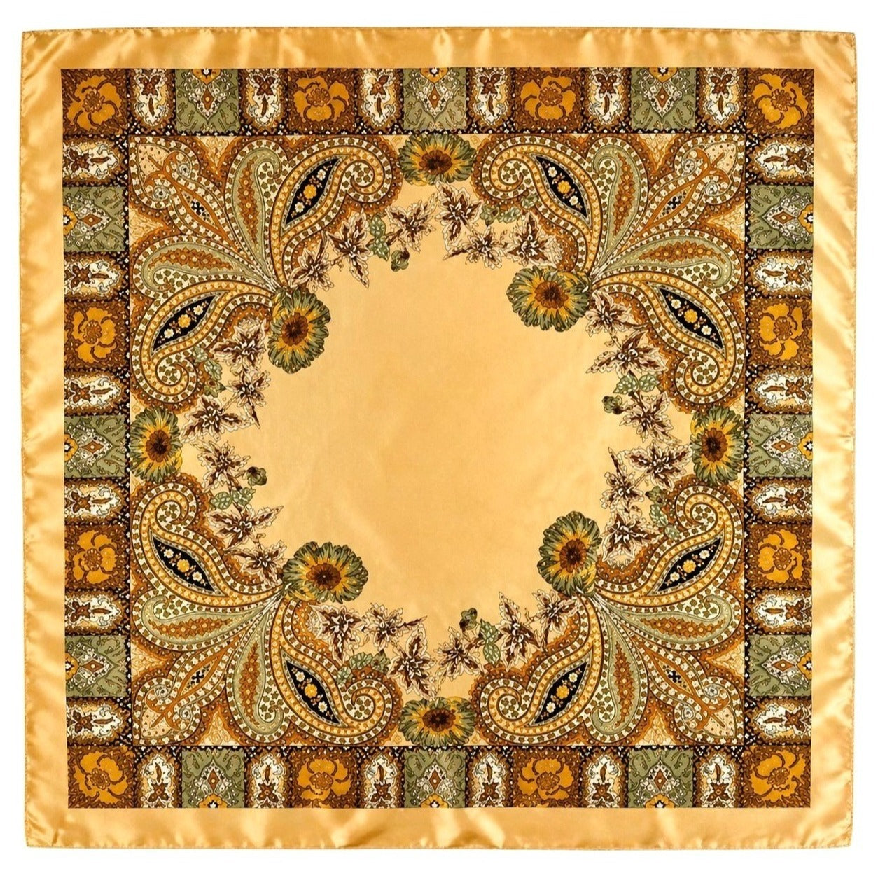 Luxury Paisley Floral Satin Scarf for Women – 35” Square Golden Honey Gold Sage Green Polyester Satin Scarf, Elegant Boho Designer-Inspired 