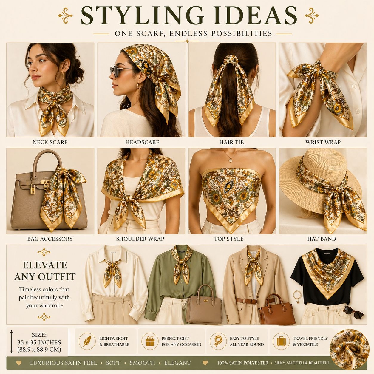 Styling ideas for a gold scarf with various wear methods on a white background.