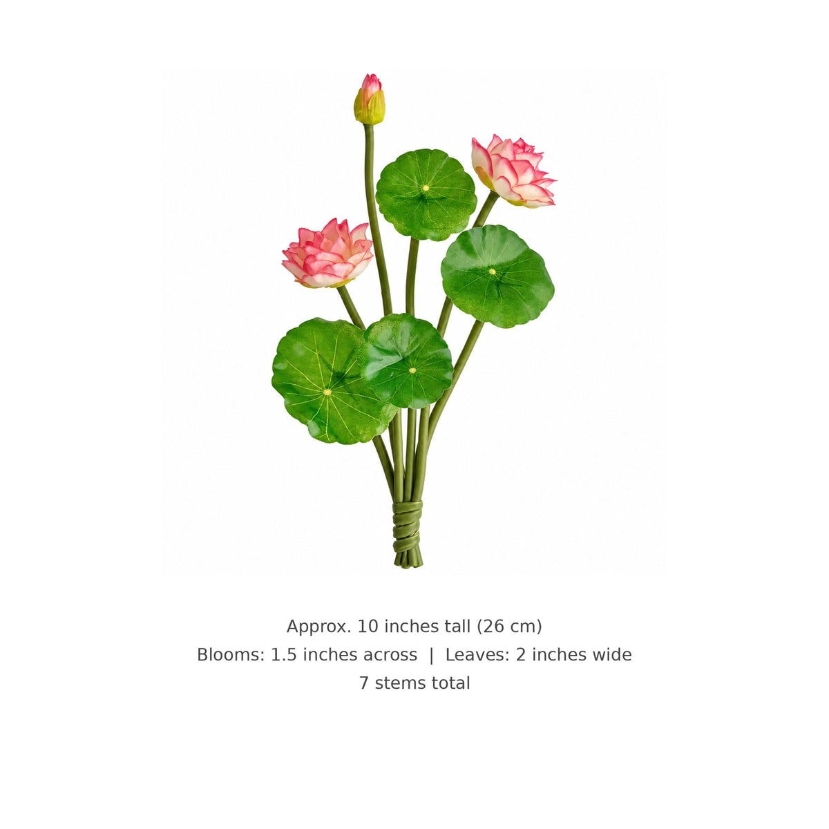 A bouquet of artificial lotus stems with pink blossoms and green round leaves, shown on a white background with size and quantity text below.