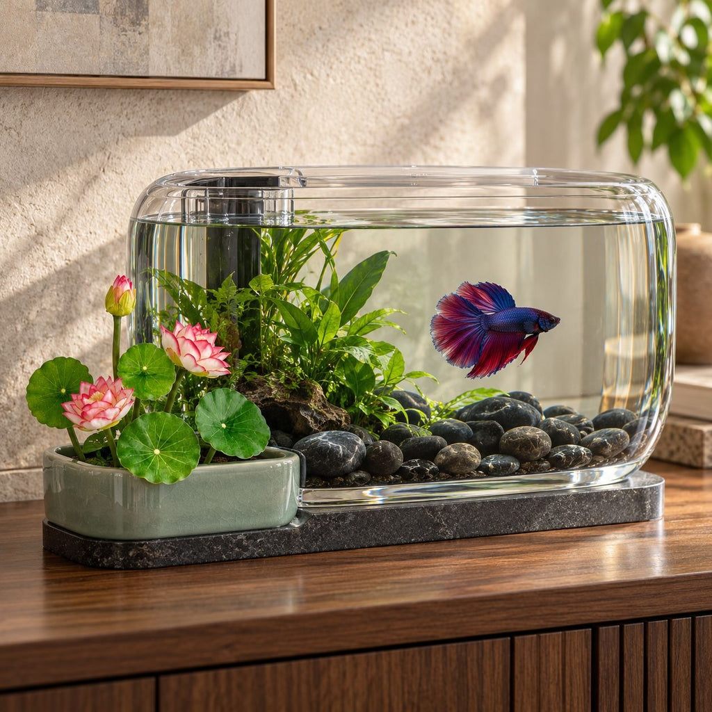 A clear glass fishbowl with a dark stone base, filled with water, black pebbles, green plants, and pink flowers, with a blue and purple betta fish swimming inside. The fishbowl is placed on a wooden cabinet in a warm, sunlit room.