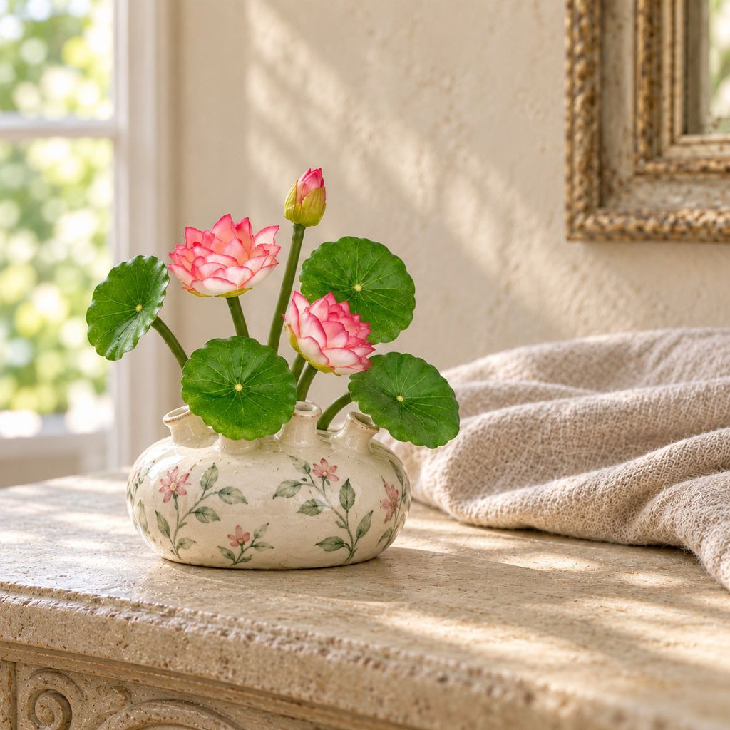 A decorative ceramic pot with pink floral patterns holding pink lotus flowers and green round leaves, placed on a stone ledge in a softly lit interior setting.