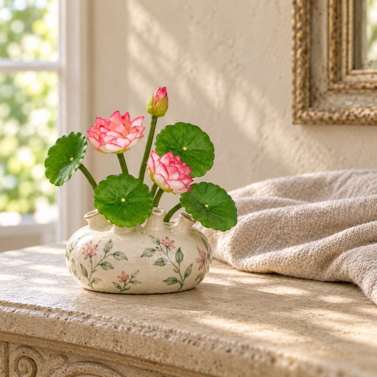 A decorative ceramic pot with pink floral patterns holding pink lotus flowers and green round leaves, placed on a stone ledge in a softly lit interior setting.