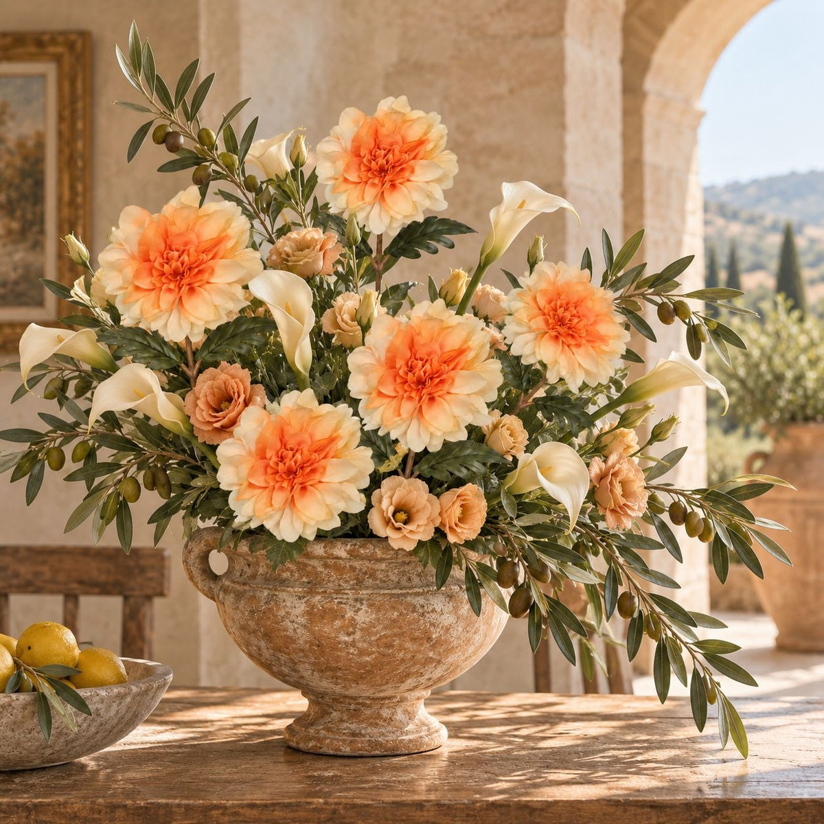 Orange Peach Cream Dahlia Mum Stems, Set of 5, 15 Inch