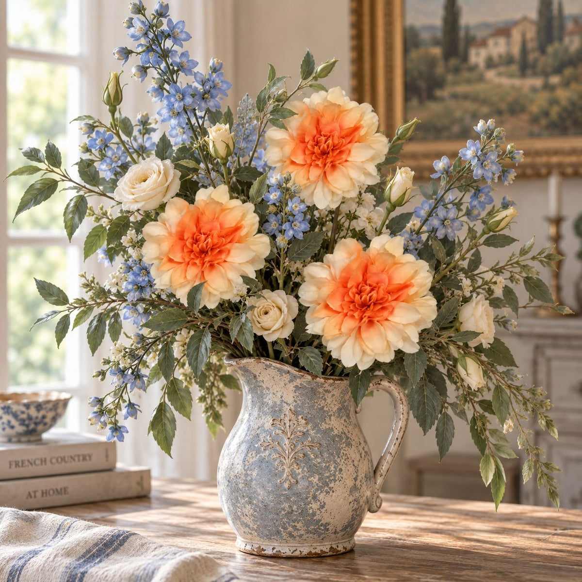 Orange Peach Cream Dahlia Mum Stems, Set of 5, 15 Inch