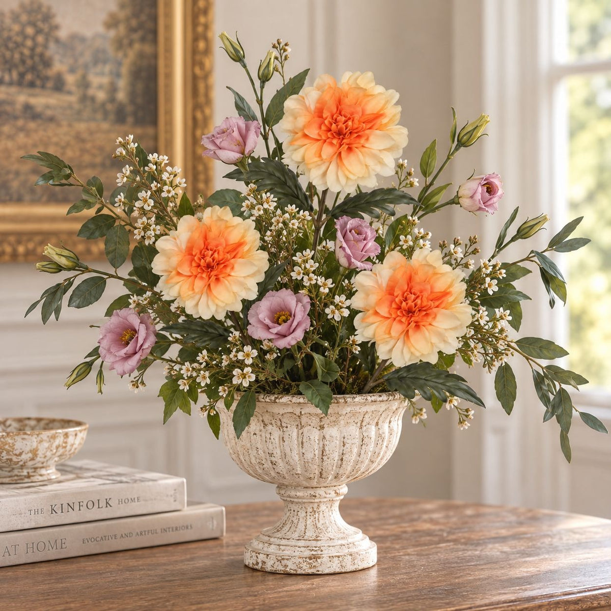 Orange Peach Cream Dahlia Mum Stems, Set of 5, 15 Inch