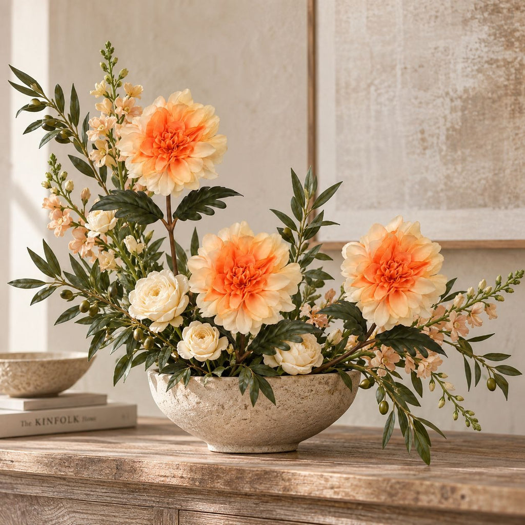 Orange Peach Cream Dahlia Mum Stems, Set of 5, 15 Inch