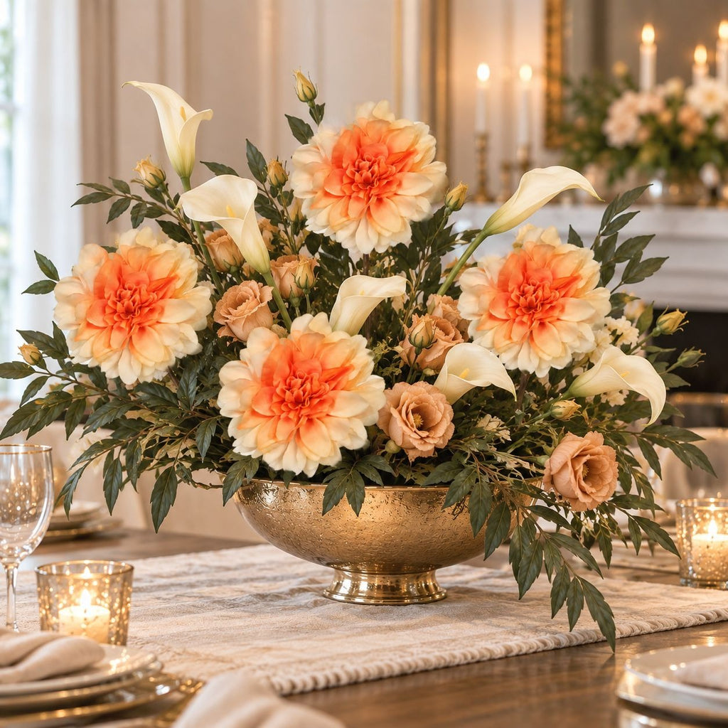 Orange Peach Cream Dahlia Mum Stems, Set of 5, 15 Inch
