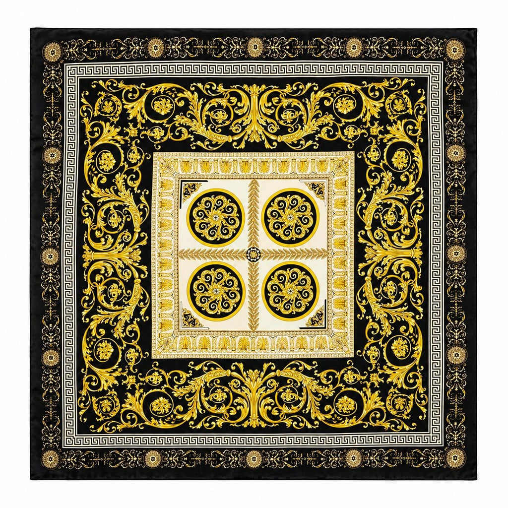 Luxury Gold Baroque Satin Square Scarf for Women – Black & Gold Ornate Chain Print Headscarf, Neck Scarf, Hair Wrap, Fashion Accessory 35x35