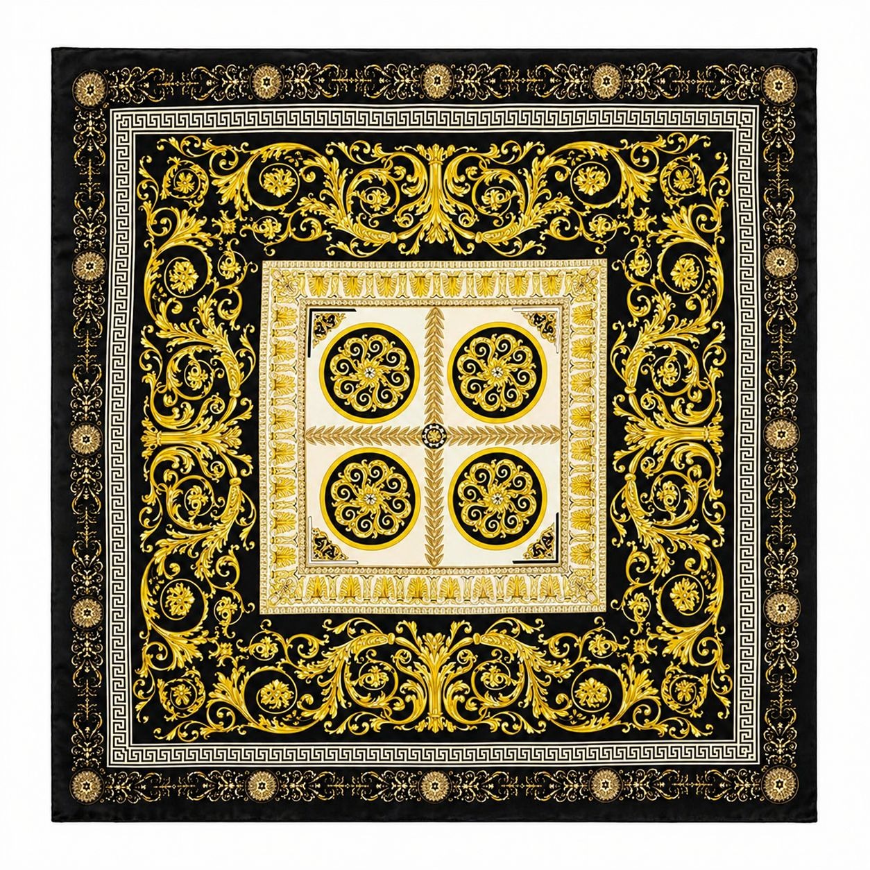 Luxury Gold Baroque Satin Square Scarf for Women – Black & Gold Ornate Chain Print Headscarf, Neck Scarf, Hair Wrap, Fashion Accessory 35x35