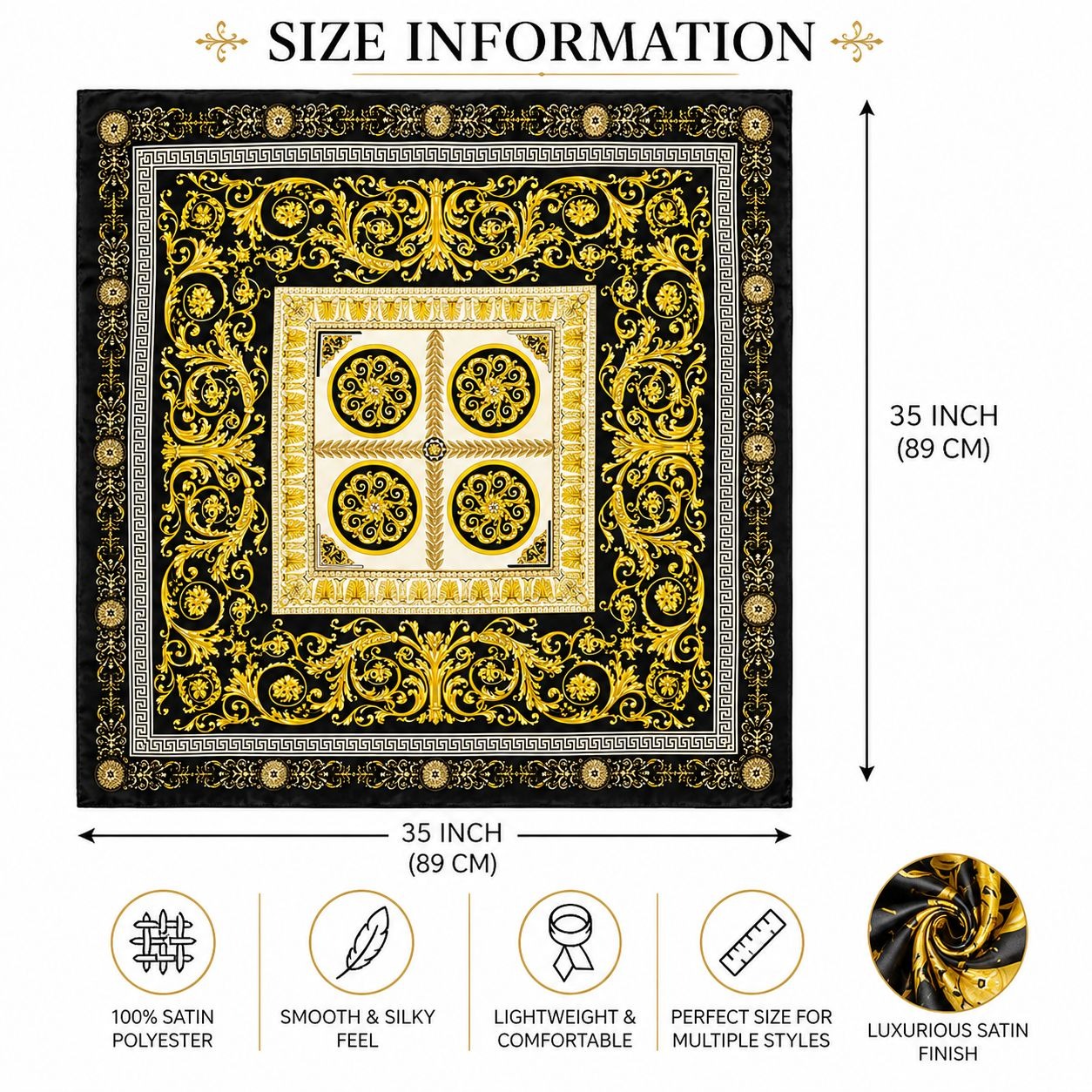 Luxury Gold Baroque Satin Square Scarf for Women – Black & Gold Ornate Chain Print Headscarf, Neck Scarf, Hair Wrap, Fashion Accessory 35x35