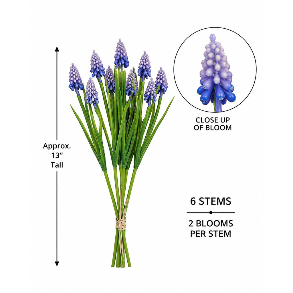Periwinkle Blue Purple Artificial Muscari Grape Hyacinth Bush 13 Inch Real Touch 6 Stem Spring Floral