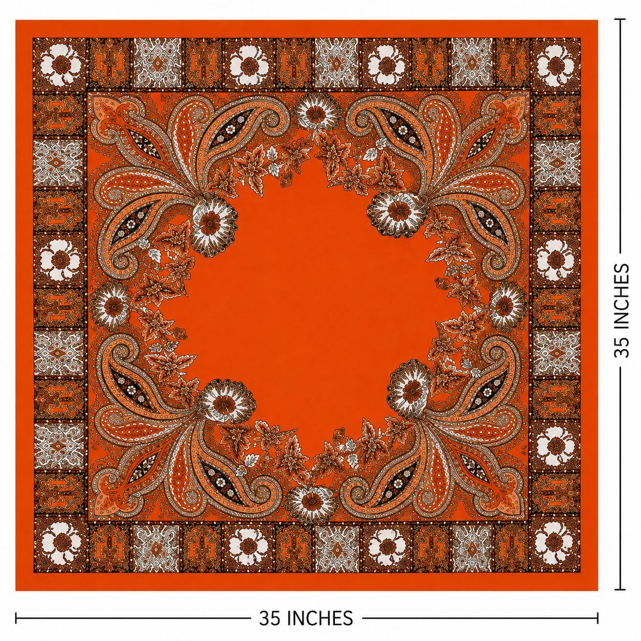 A square orange bandana or scarf with a paisley and floral border pattern, shown with dimension lines indicating 35 inches on each side.