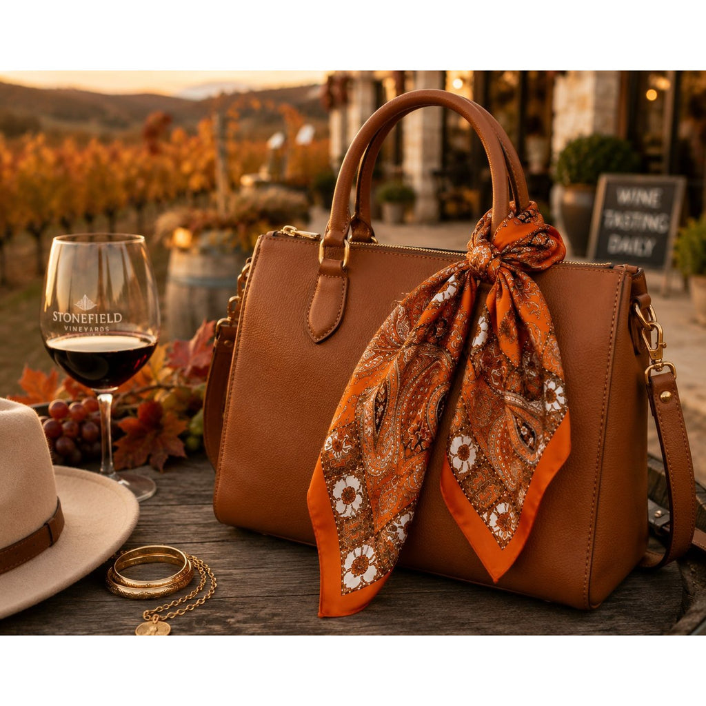 A brown leather handbag with a large orange paisley scarf tied around its handle, set on a rustic wooden table with a wine glass, hat, and jewelry in a warm outdoor evening setting.