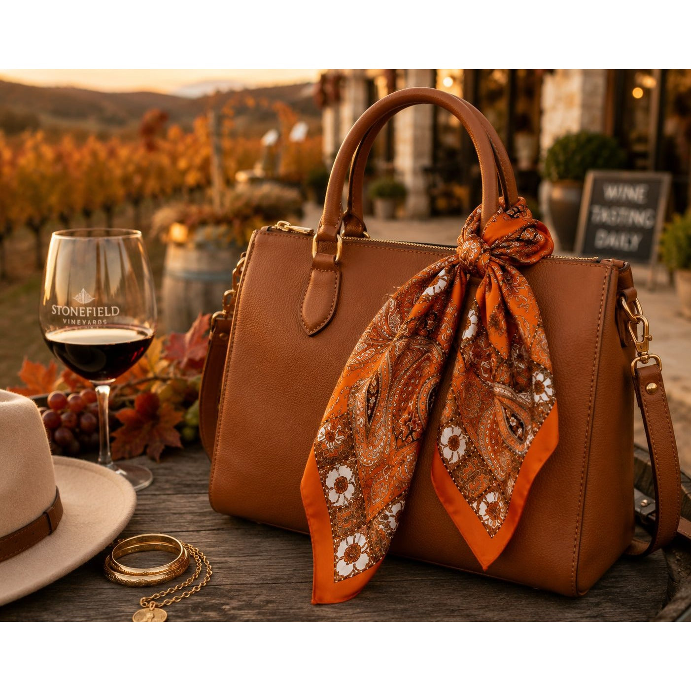 A brown leather handbag with a large orange paisley scarf tied around its handle, set on a rustic wooden table with a wine glass, hat, and jewelry in a warm outdoor evening setting.