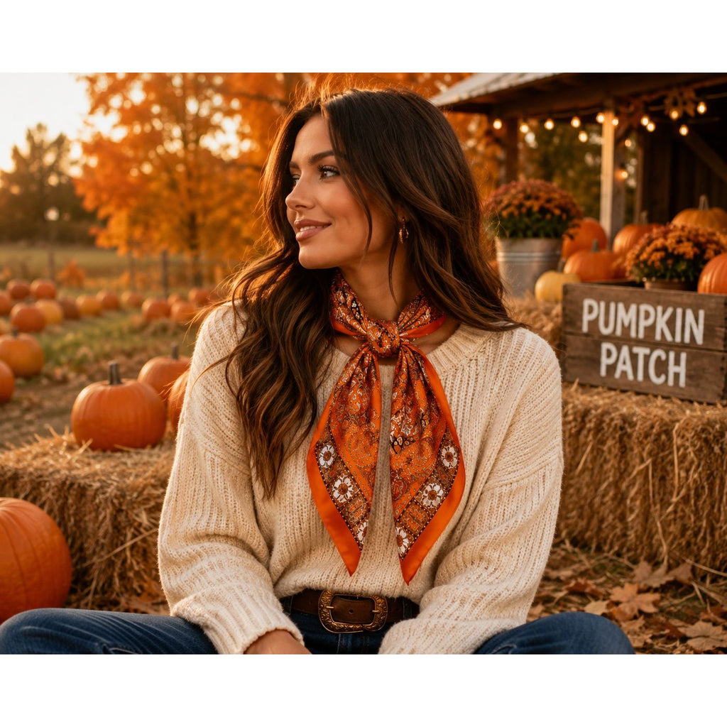 A woman sits in a pumpkin patch wearing a cream cable-knit sweater and a bright orange patterned bandana tied around her neck. Hay bales, pumpkins, and autumn trees are visible in the background.