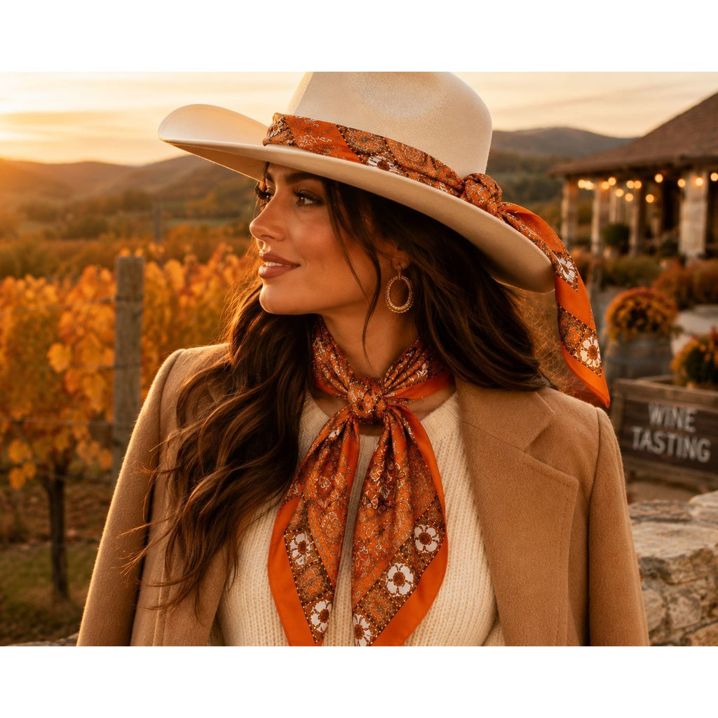 A woman outdoors in a vineyard at sunset, wearing a cream wide-brim hat with an orange paisley bandana, a cream sweater, and a tan coat, with an orange paisley neck scarf tied around her neck.