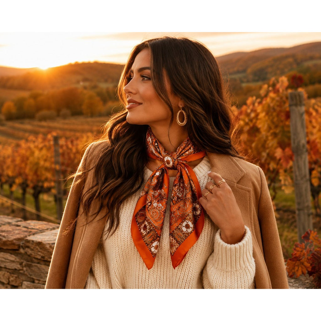 A woman outdoors in a vineyard at sunset, wearing a cream knit sweater, tan coat, and a bright orange patterned scarf tied around her neck.