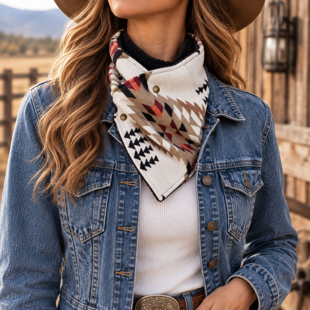 Southwestern Cowl Neck Warmer Scarf 36 x 9.5 Inch Beige Fleece Cowgirl