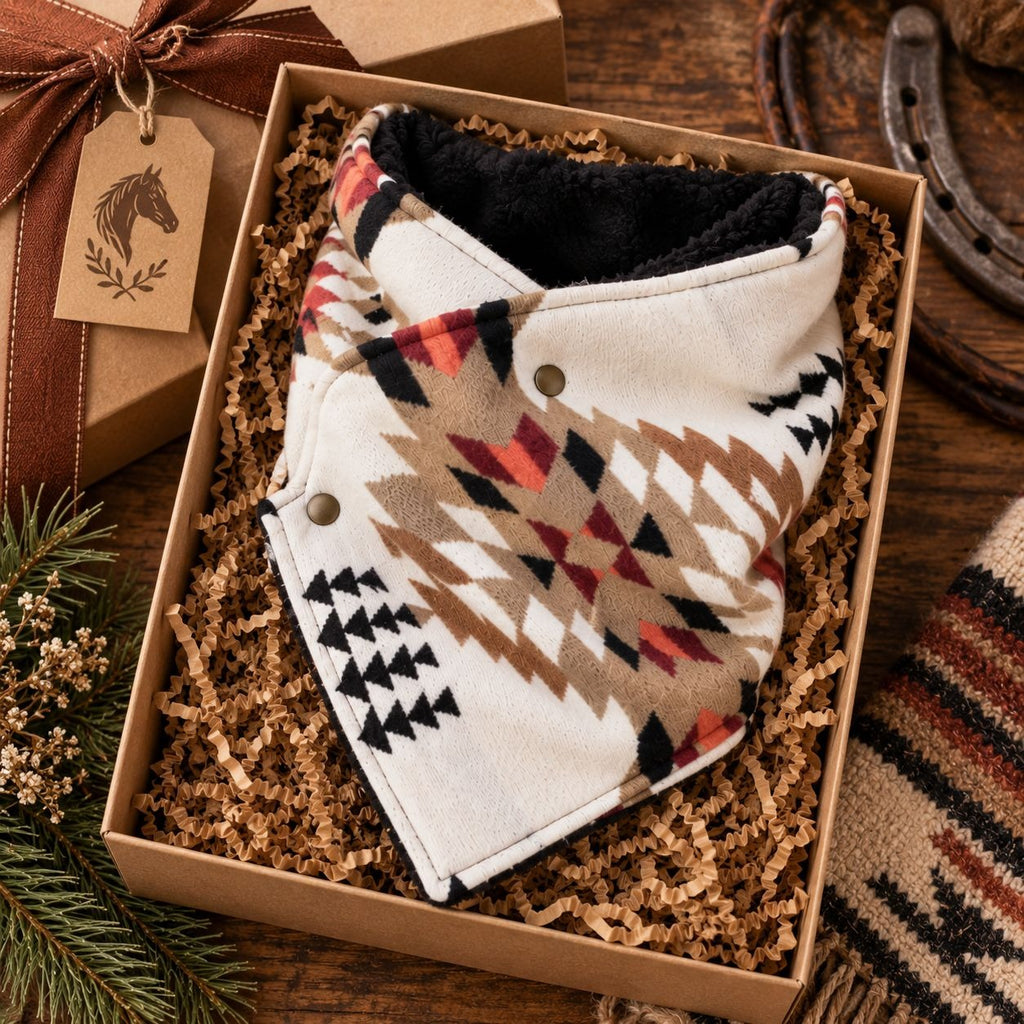 Southwestern Cowl Neck Warmer Scarf 36 x 9.5 Inch Beige Fleece Cowgirl