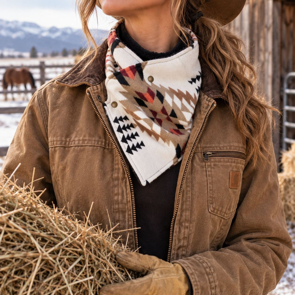 Southwestern Cowl Neck Warmer Scarf 36 x 9.5 Inch Beige Fleece Cowgirl