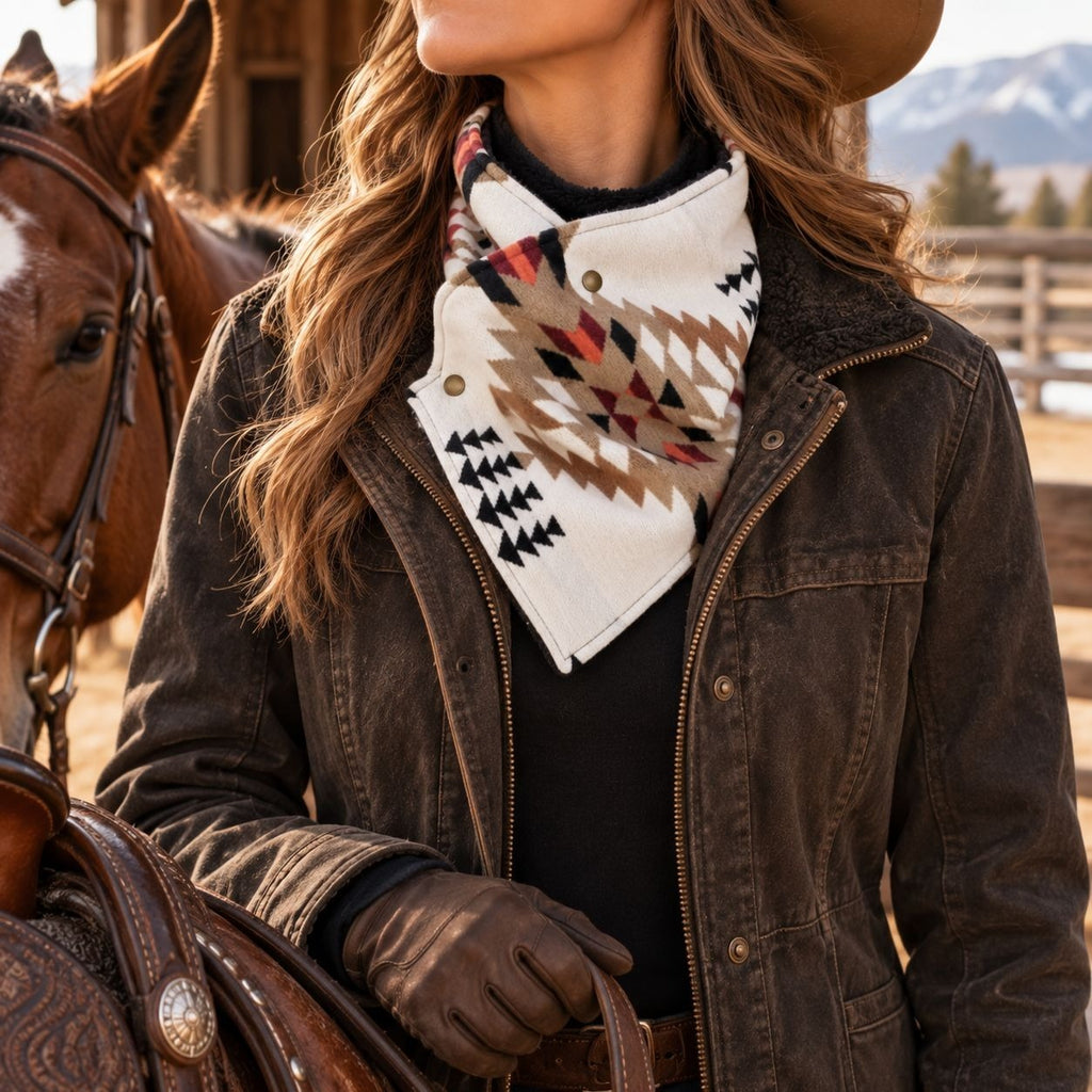 Southwestern Cowl Neck Warmer Scarf 36 x 9.5 Inch Beige Fleece Cowgirl