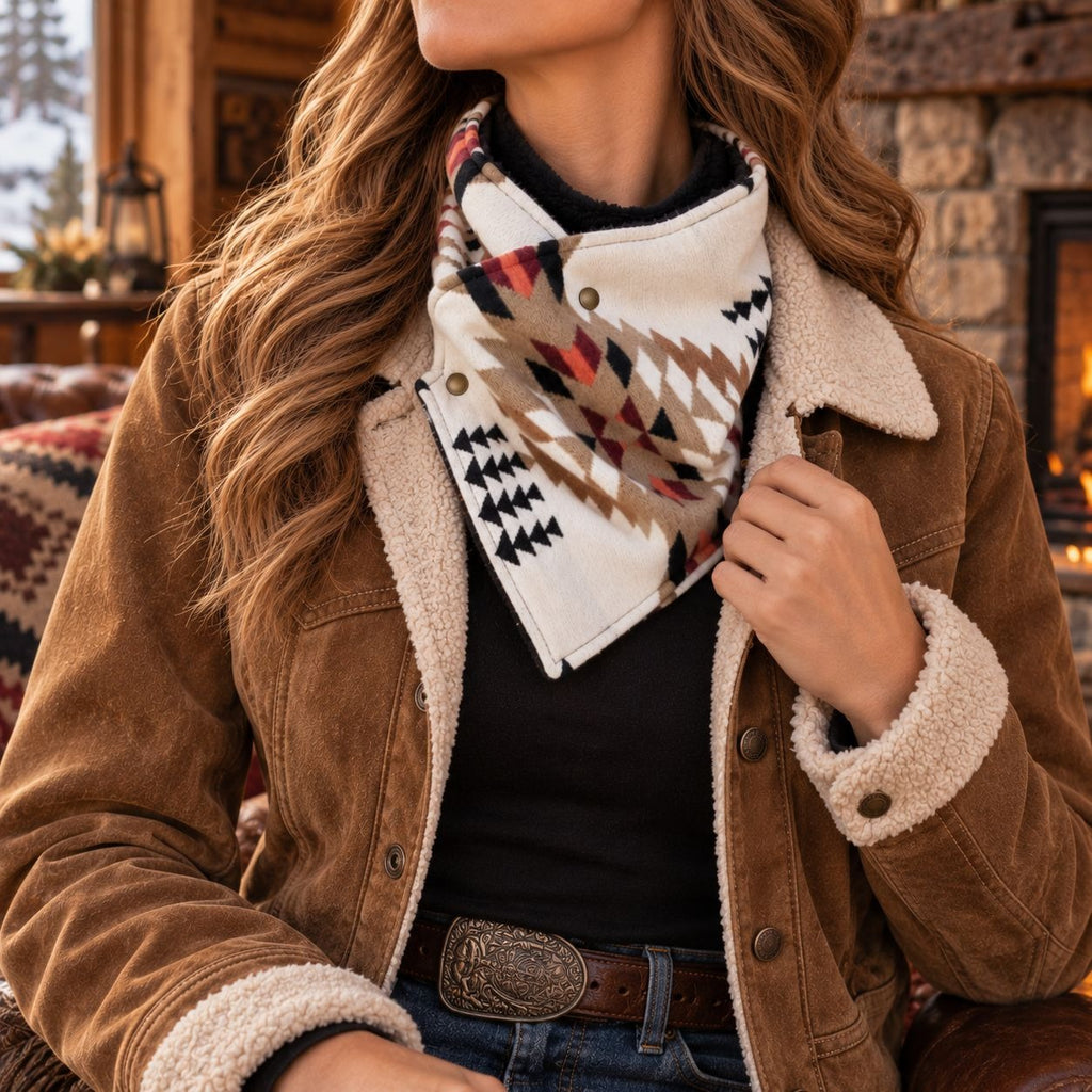Southwestern Cowl Neck Warmer Scarf 36 x 9.5 Inch Beige Fleece Cowgirl