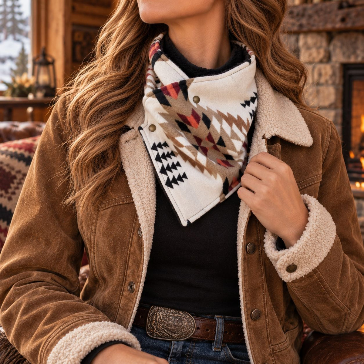 Southwestern Cowl Neck Warmer Scarf 36 x 9.5 Inch Beige Fleece Cowgirl