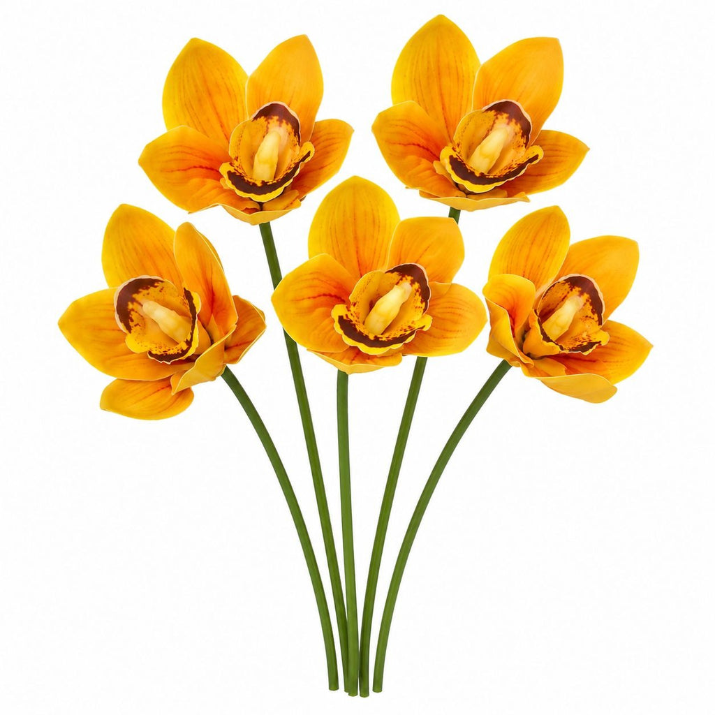 Yellow Orange Artificial Orchid Stems Set of 5, 11 Inch Real Touch
