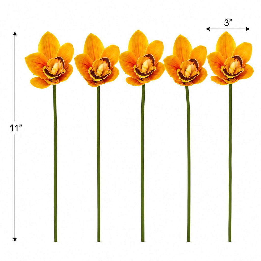 Yellow Orange Artificial Orchid Stems Set of 5, 11 Inch Real Touch
