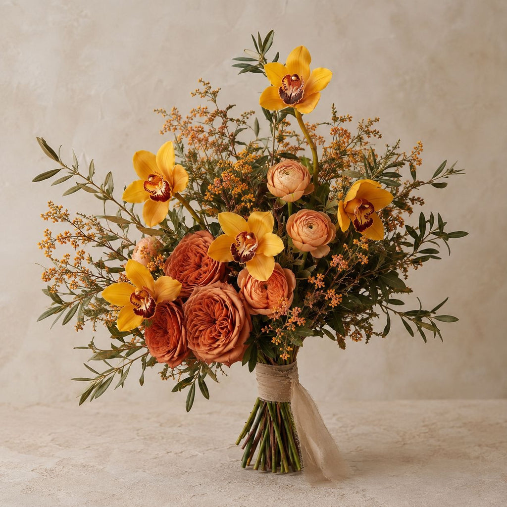 Yellow Orange Artificial Orchid Stems Set of 5, 11 Inch Real Touch