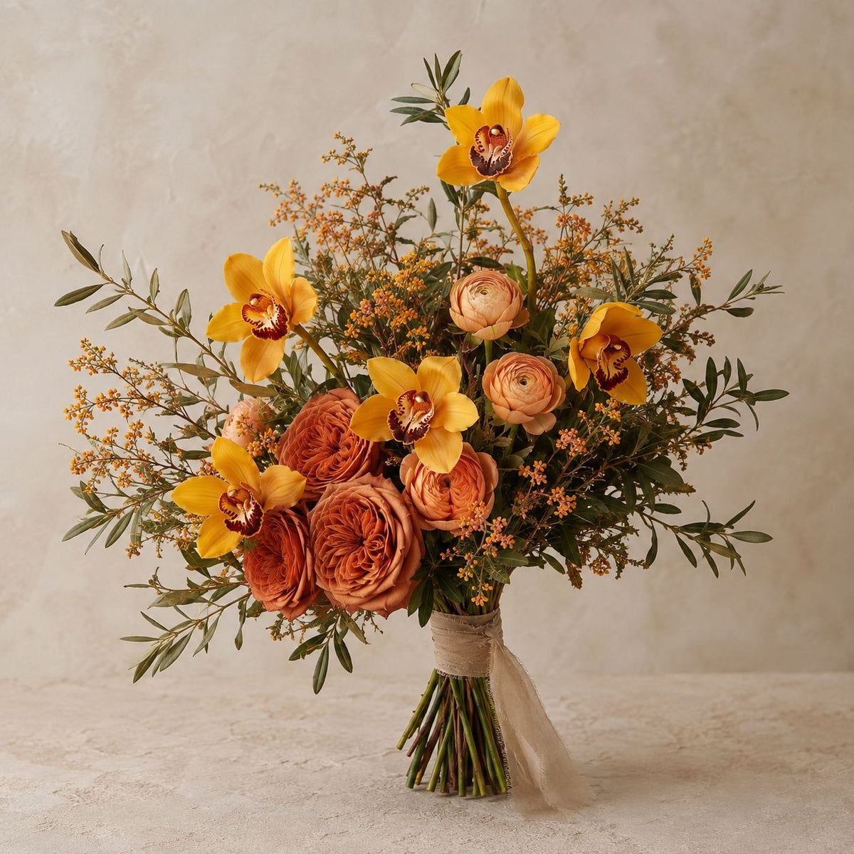 Yellow Orange Artificial Orchid Stems Set of 5, 11 Inch Real Touch