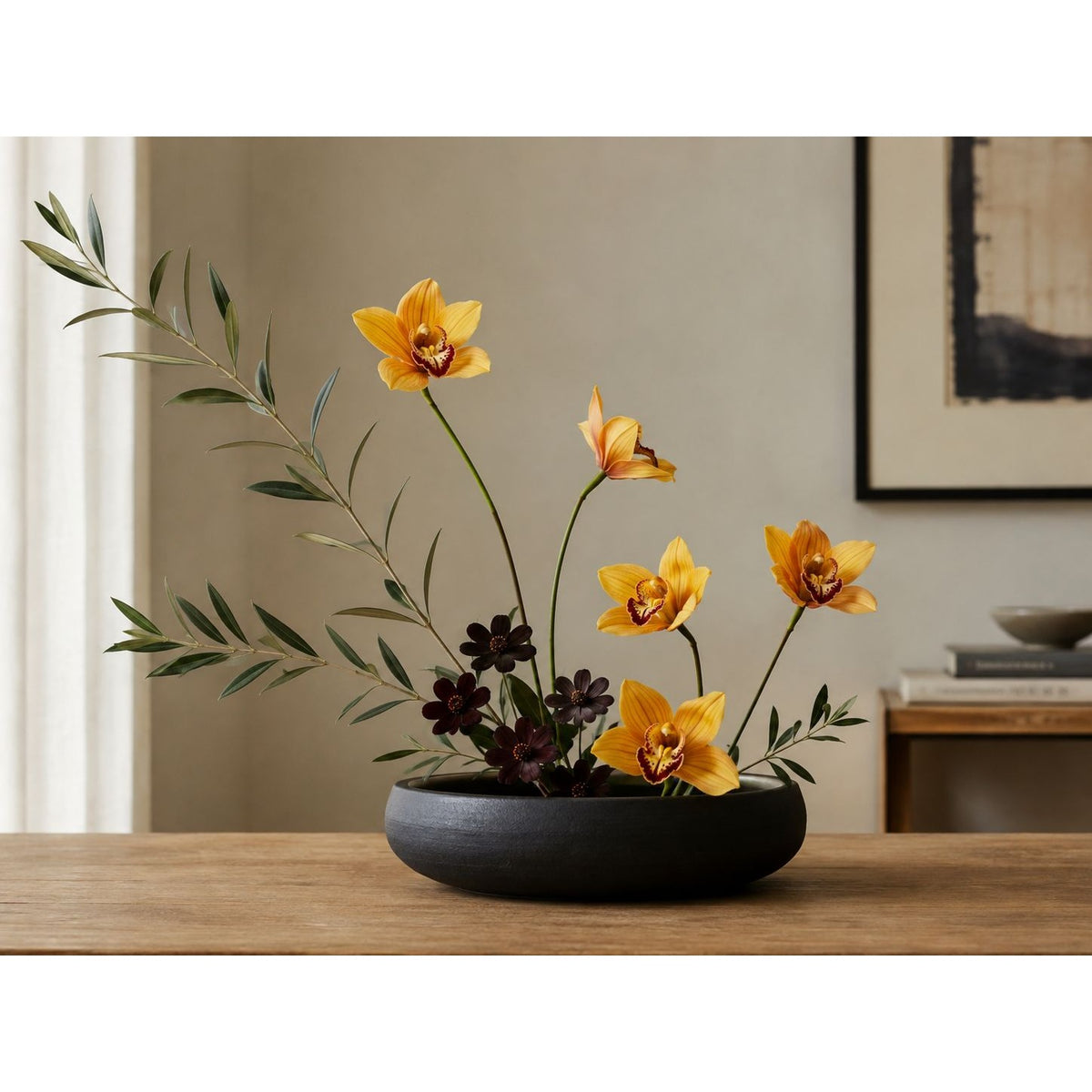 Yellow Orange Artificial Orchid Stems Set of 5, 11 Inch Real Touch