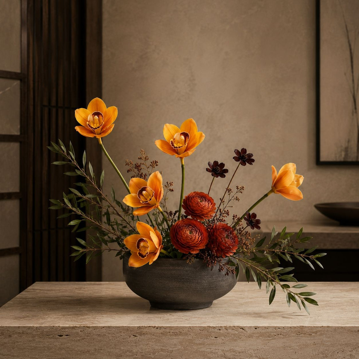 Yellow Orange Artificial Orchid Stems Set of 5, 11 Inch Real Touch