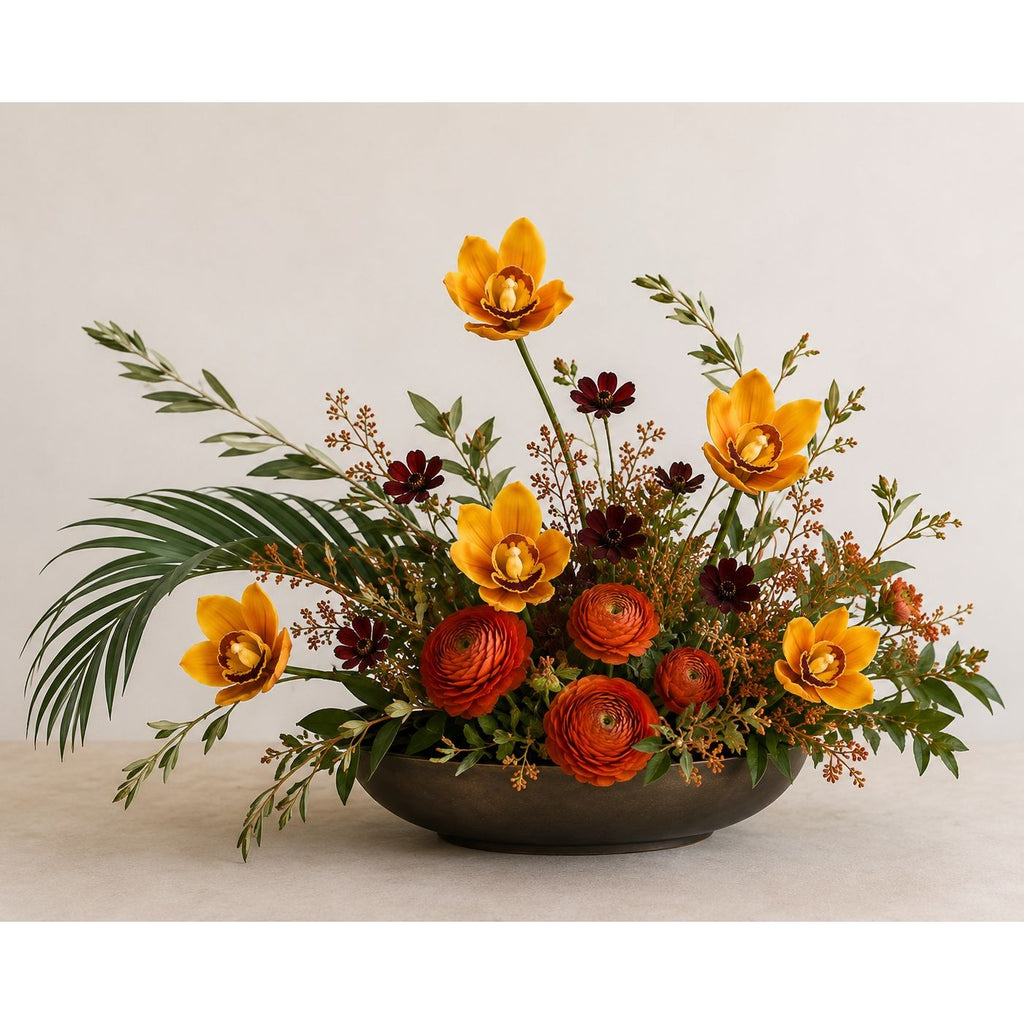 Yellow Orange Artificial Orchid Stems Set of 5, 11 Inch Real Touch