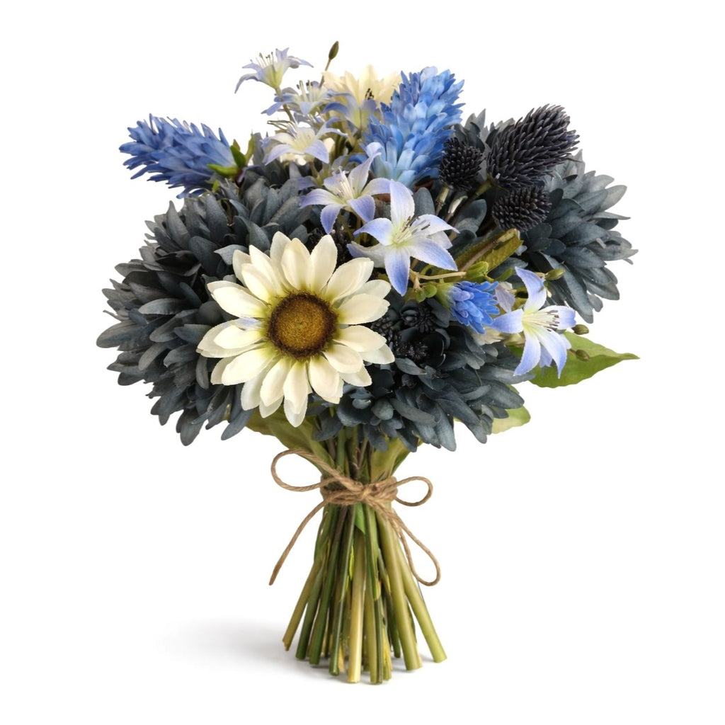 Blue Mums White Sunflower Faux Flowers Bundle Artificial Floral Arrangement Rustic Bouquet Home Decor Wedding Centerpiece Gift