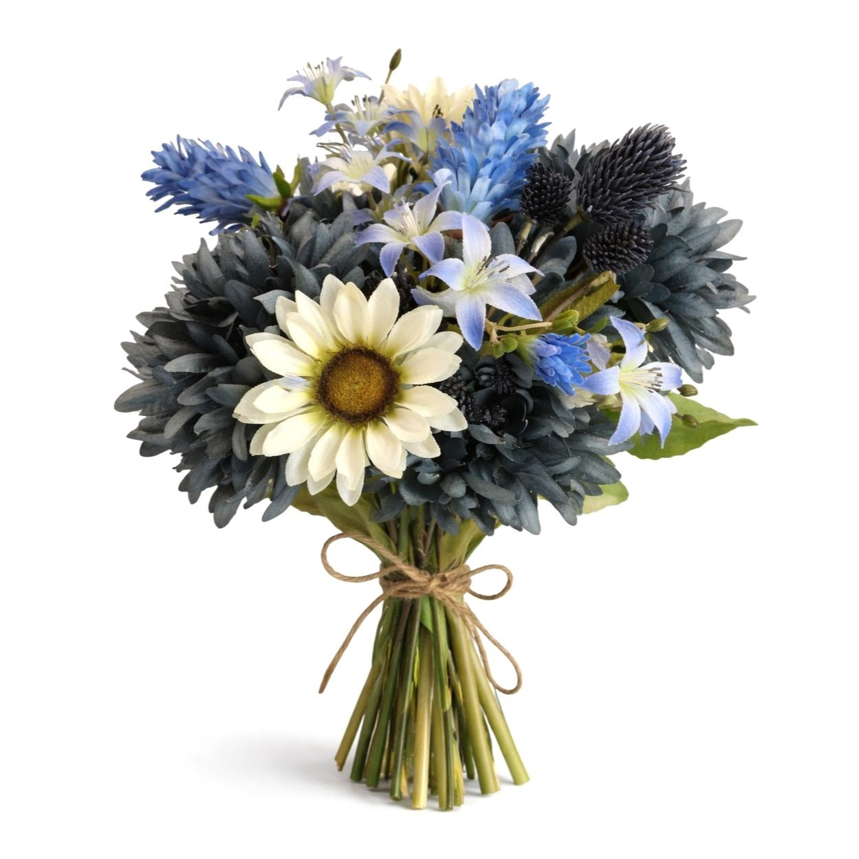 Blue Mums White Sunflower Faux Flowers Bundle Artificial Floral Arrangement Rustic Bouquet Home Decor Wedding Centerpiece Gift