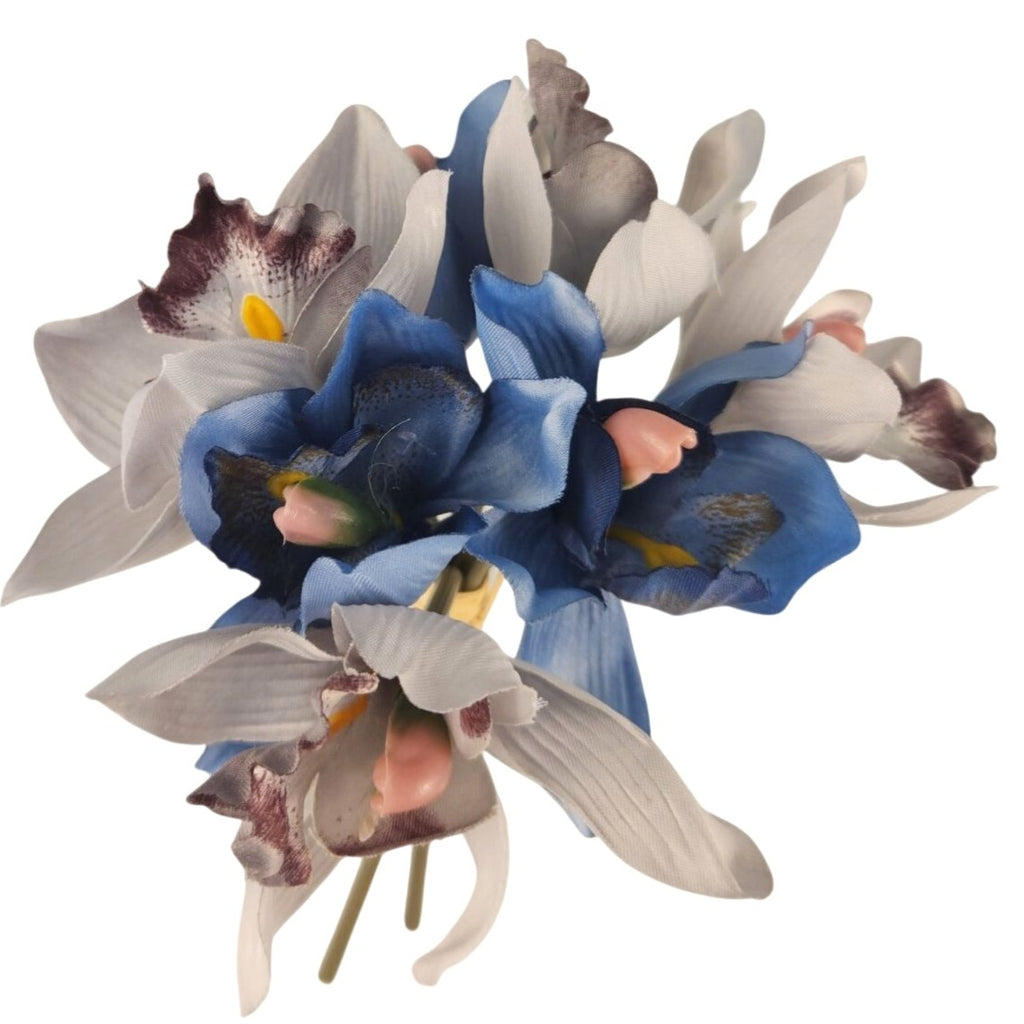 Blue Gray Cymbidium Orchid Artificial Flowers 7 Stem Bundle, Faux Orchid Wedding Flowers, DIY Corsage Boutonniere Supply
