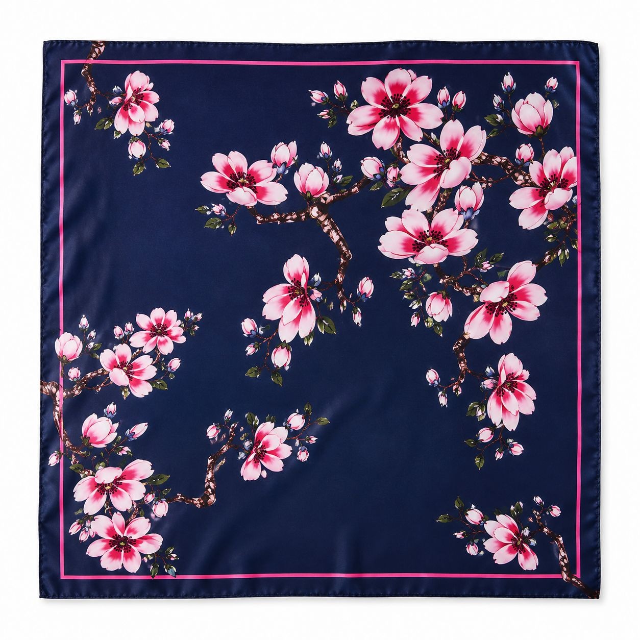 Navy Magnolia Satin Scarf 35x35 Floral Square Hair Head Neck Scarf for Women